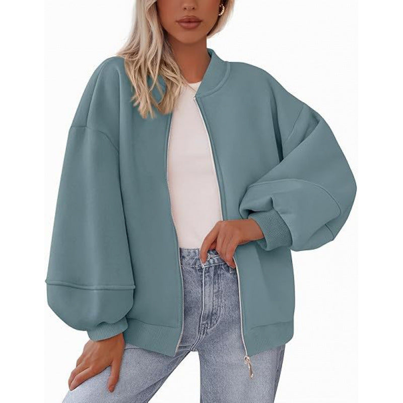 Streetwave Women Oversized Bomber Jacket With Zipper And Balloon Sleeves Casual Comfort