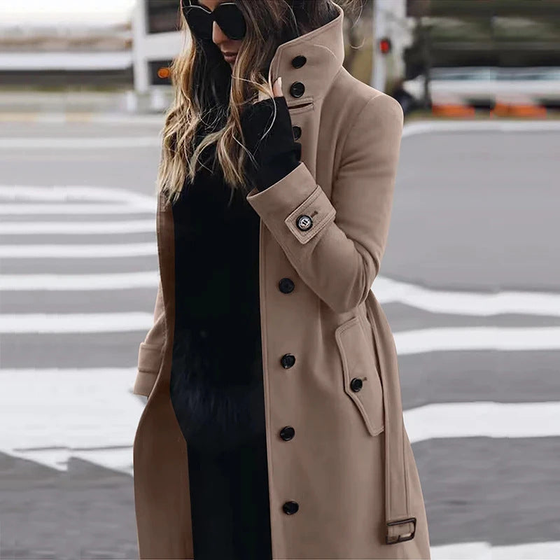 Elegant High Collar Coat For Women By Street-Wave With Practical Pockets For Timeless Chic