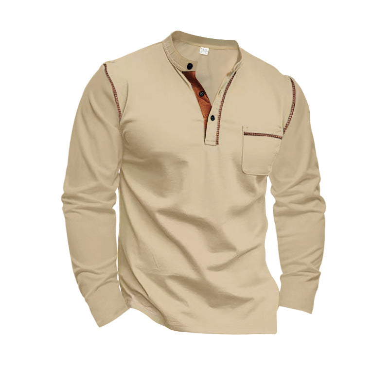 Street-Wave Mens Long Sleeve Shirt With Casual Stand Collar And Contrast Detailing