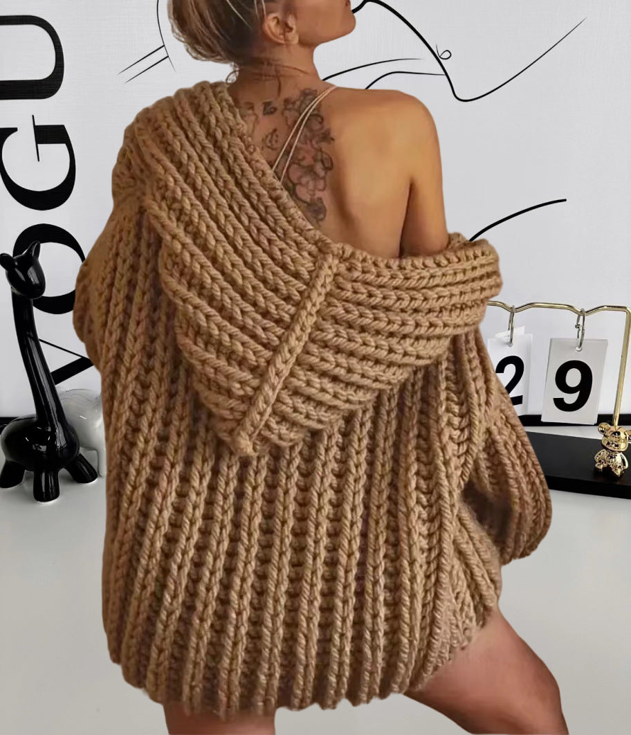 Streetwave Women Chunky Knit Hoodie Jacket With Oversized Fit And Deep Collar Soft Wool Warm Everyday Essential
