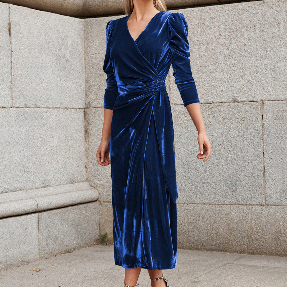 Street-Wave Elegant Wrap Dress With Puff Sleeves And Gold Accents For Women Glamorous Evening Wear
