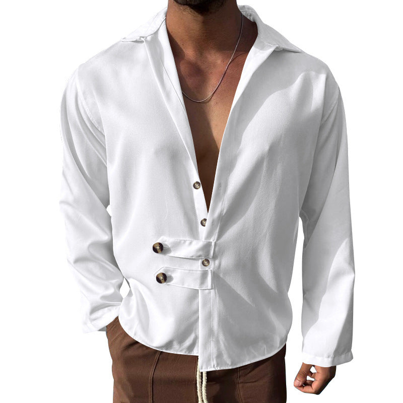 Streetwave Mens Elegant Shirt With Innovative Button Design And Deep V Neck For Modern Men