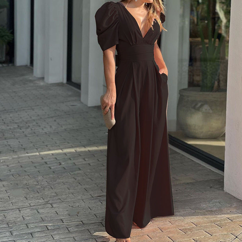 Street-Wave Women's Jumpsuit With Wide Leg V Neck Puff Sleeves