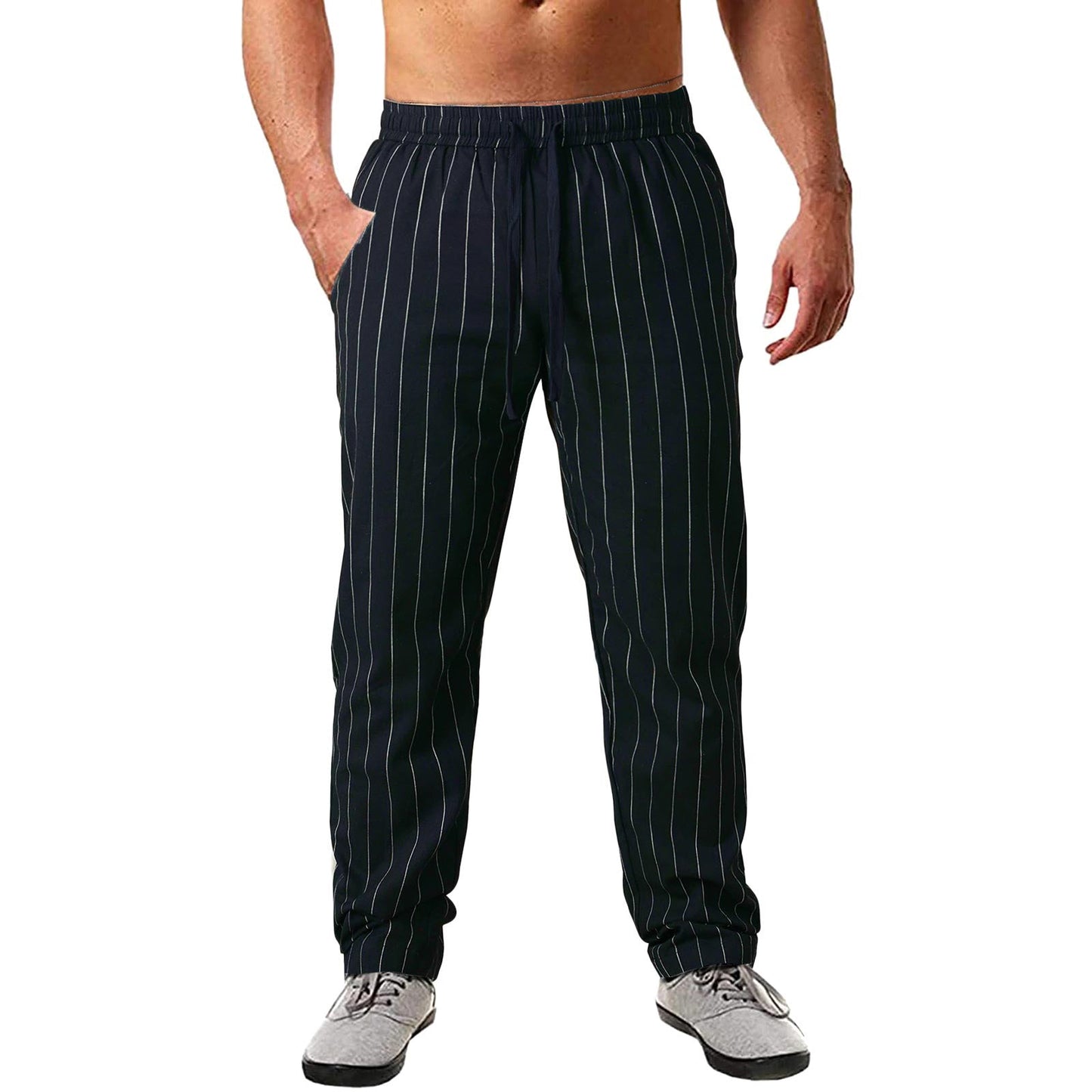 Mens Striped Cotton Blend Pants With Elastic Waistband And Pockets Streetwave Everyday Comfort