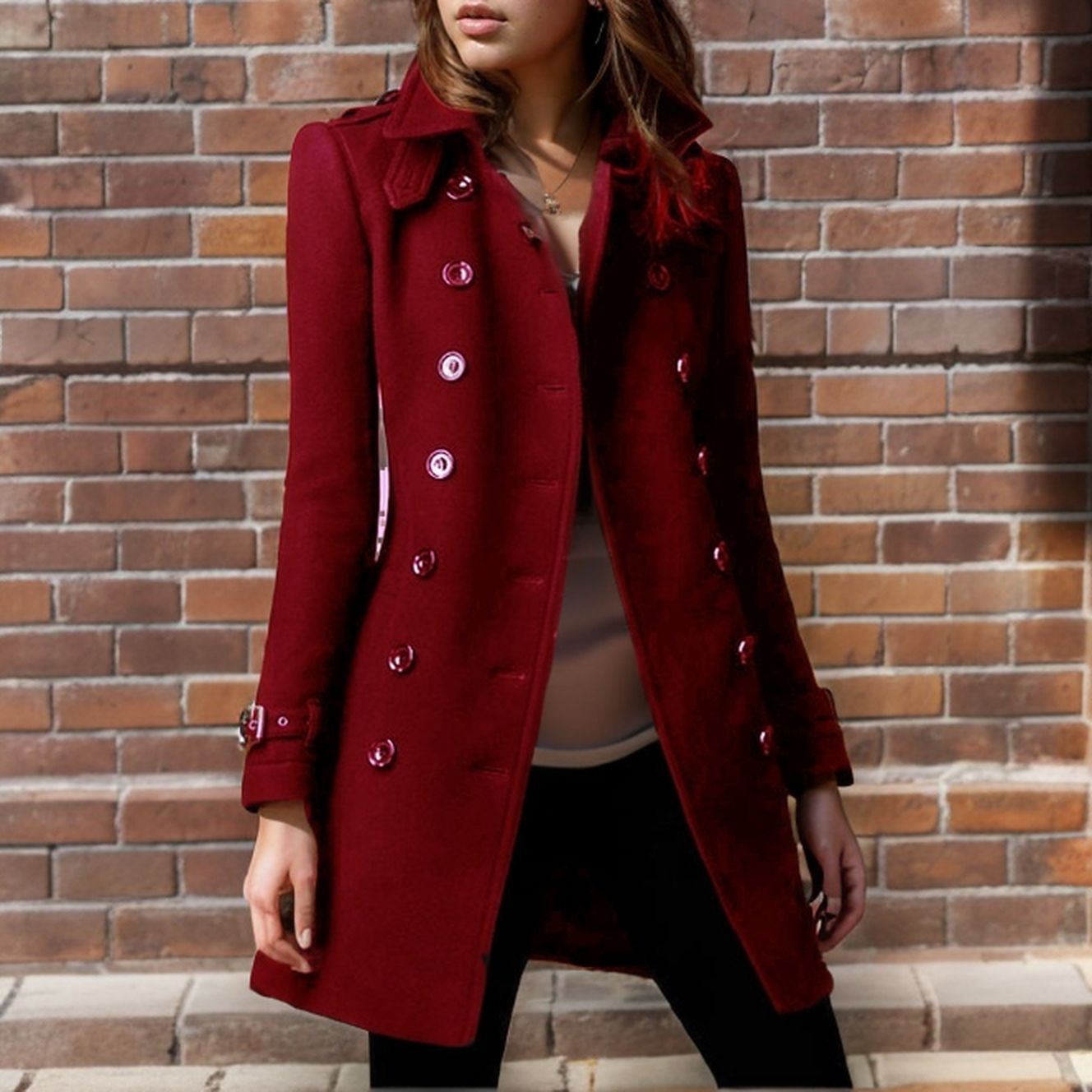 Street-wave Women's Double-Breasted Wool Coat With Stylish Button Design For Elegant Winter Outerwear