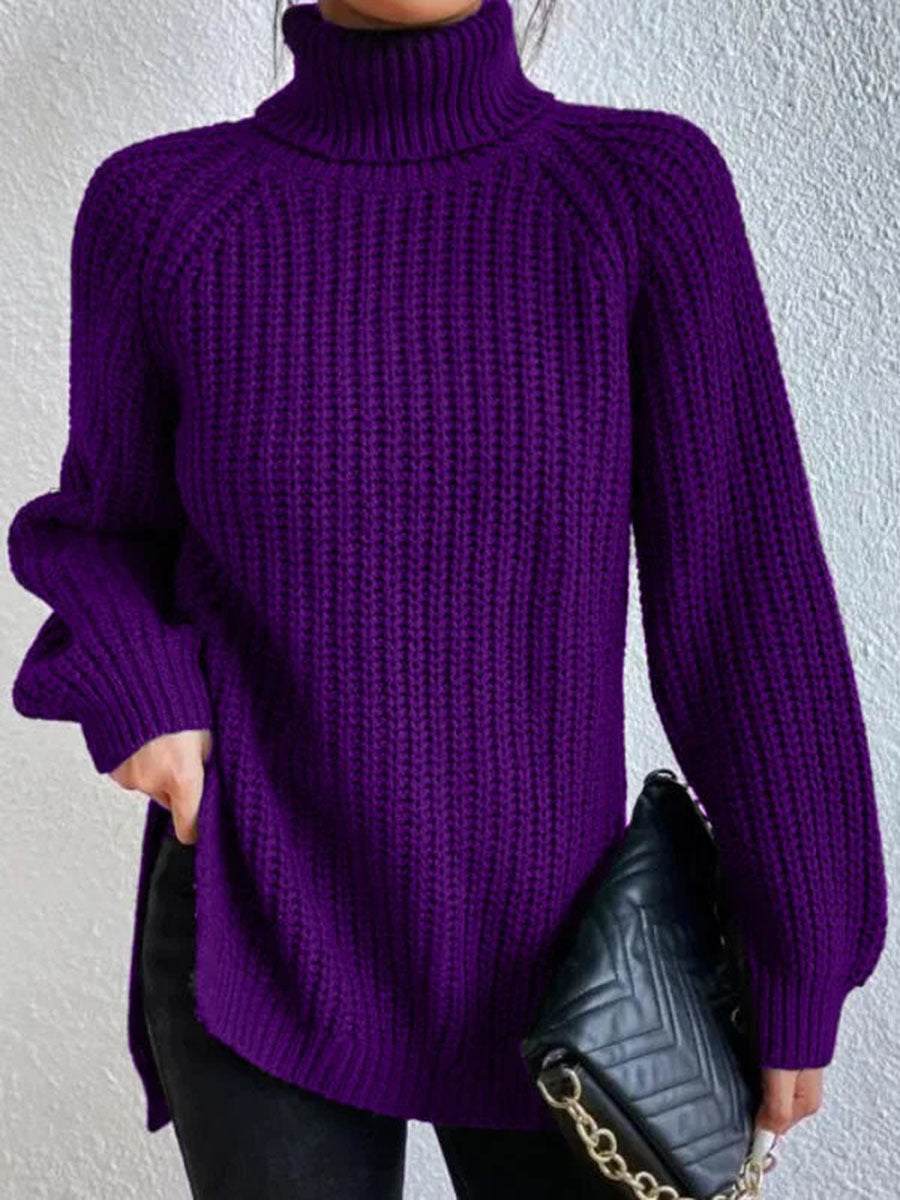 Street-Wave Cozy Turtle Neck Ribbed Knit Pullover With Side Slits For Women All Day Comfort