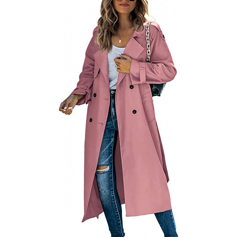 Street Wave Womens Elegant Trench Coat With Double Breasted Button Closure And Belt Premium