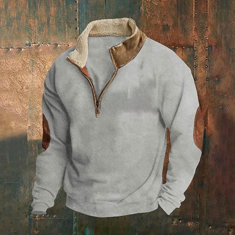 Street-Wave Men's Fleece Pullover With High Collar And Rugged Appliques For Warm Comfort