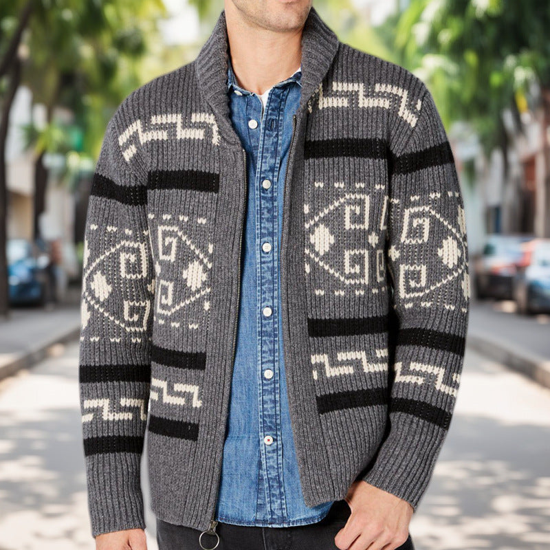 Street-wave Mens Knit Cardigan With Geometric Pattern For Warm Cozy All Season Style