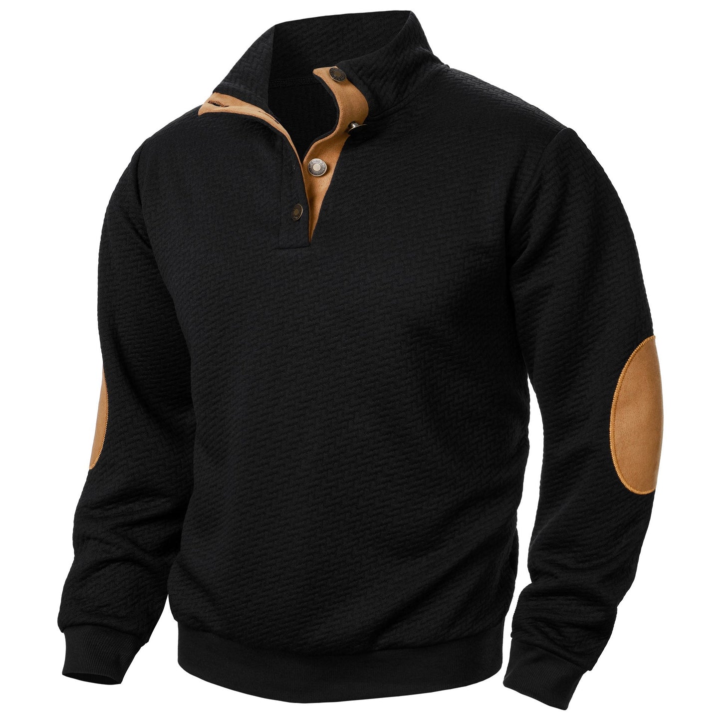 Men's Casual Sweatshirt with Relaxed Fit Stand Collar Textured Fabric and Elbow Patches