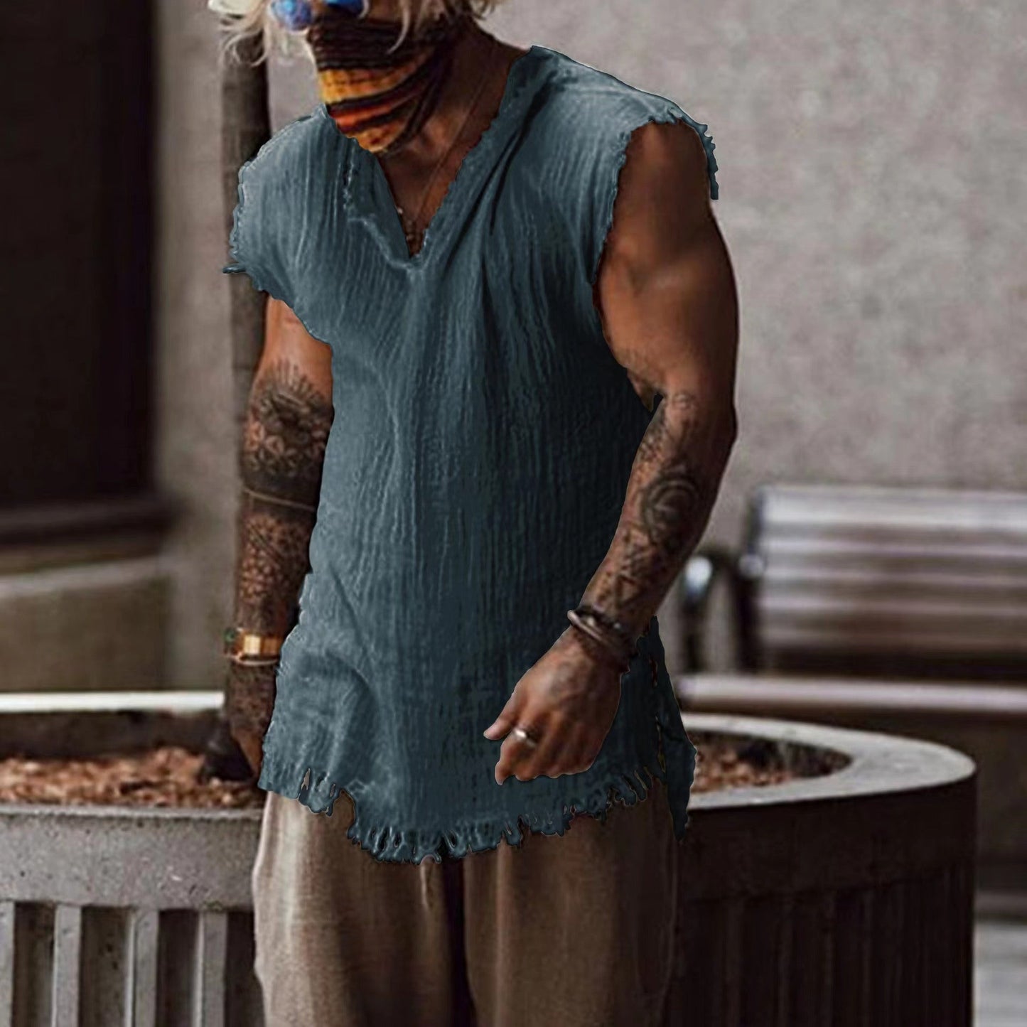 Men's V-Neck Shirt With Frayed Hem Street-Wave Casual Everyday Fashion For Men Ultra Comfortable