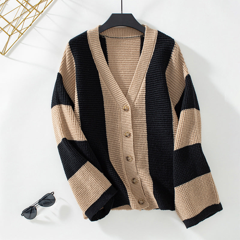 Street-wave Striped Knit Cardigan For Women Cozy Cotton Acrylic Blend Button Front