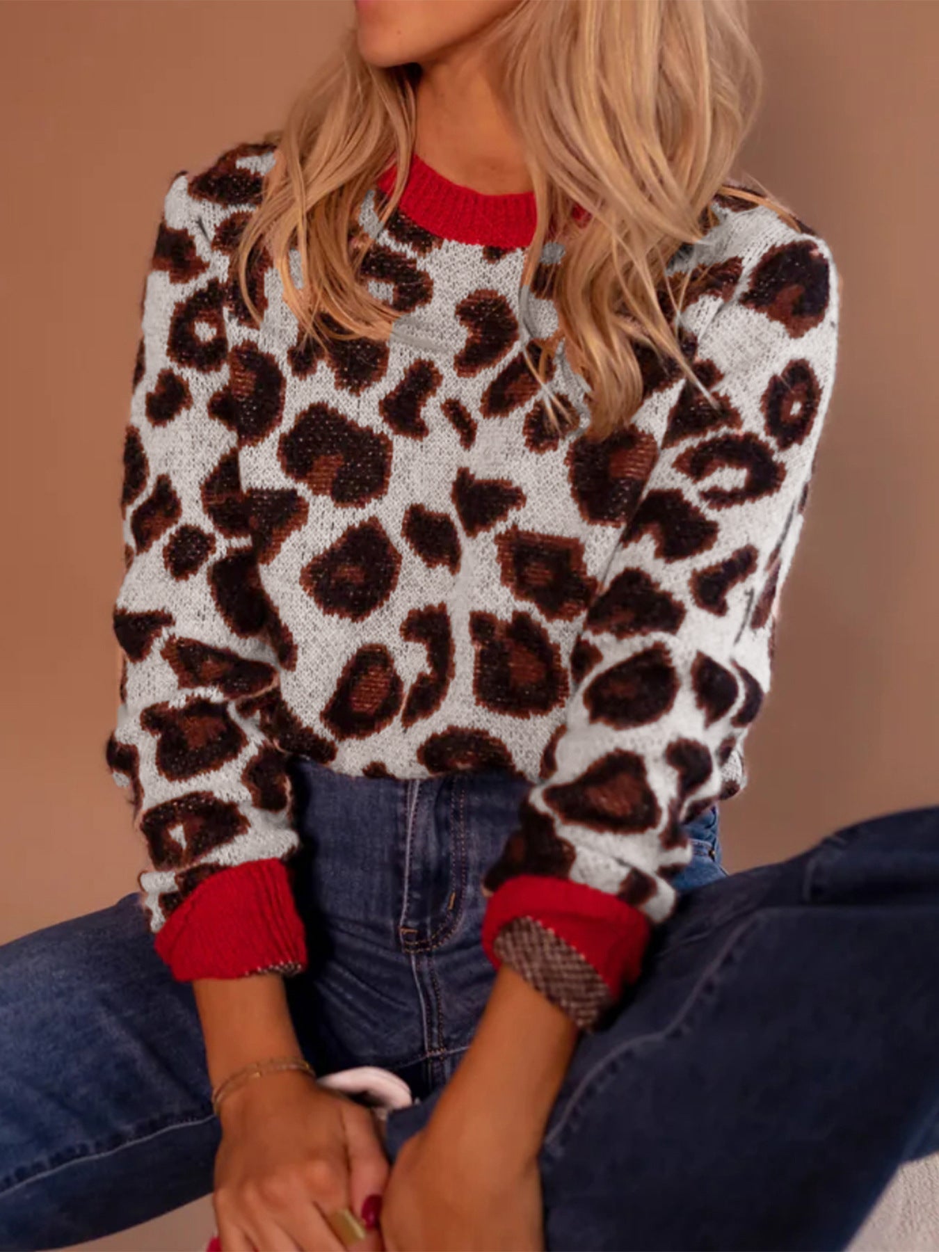 Leopard Print Sweater For Women With Contrast Cuffs Street-wave Trendy Cozy Fashion
