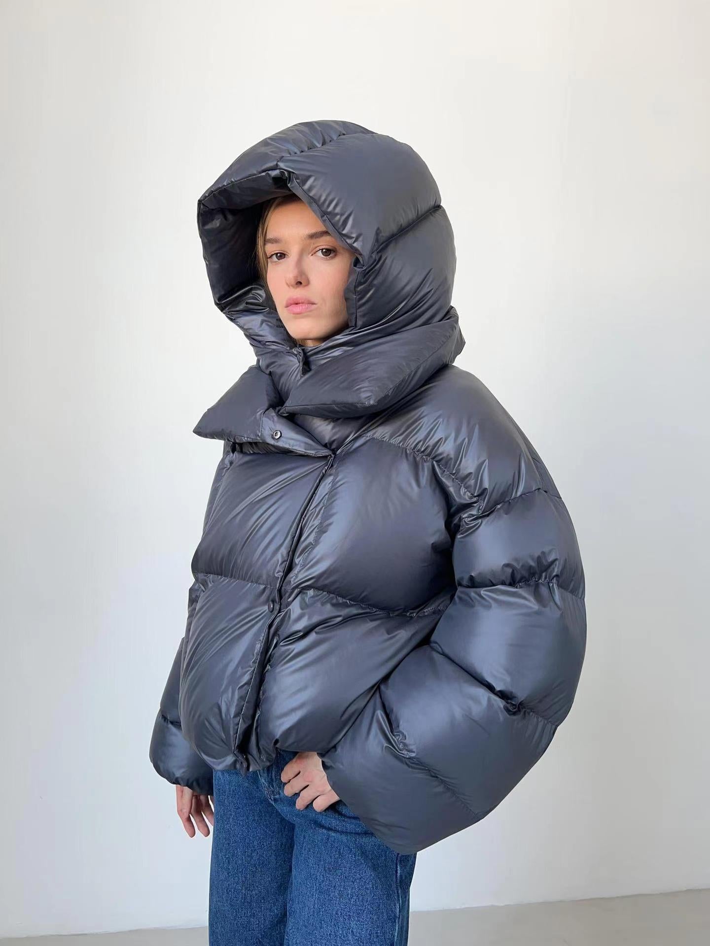 Street Wave Women's Oversized Down Jacket With High Collar And Puffy Sleeves For Warm Windproof Comfort