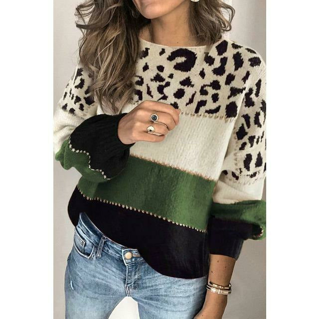 Street-wave Leopard Patchwork Knit Pullover For Women Cozy Warmth And Color Block Autumn Style