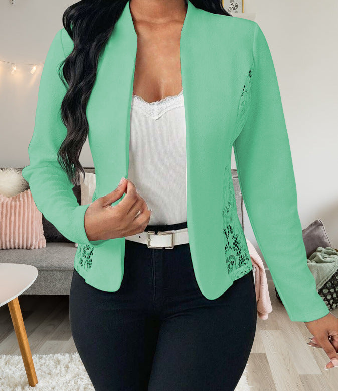 Street-wave Elegant Lace Accent Blazer Jacket For Women, Chic Versatile Office To Evening Wear