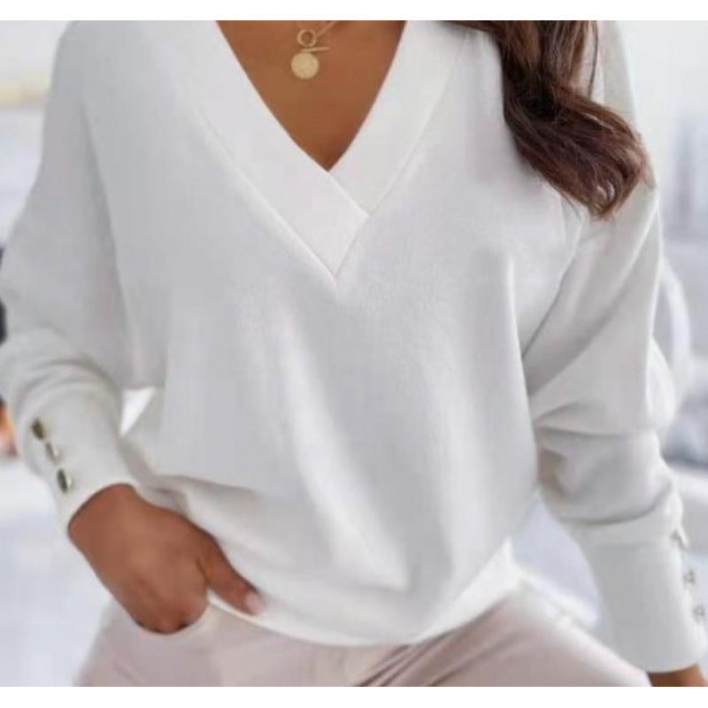 Streetwave Womens Vneck Sweater In Soft Cotton Blend With Gold Button Sleeve Detail Cozy Casual Knit