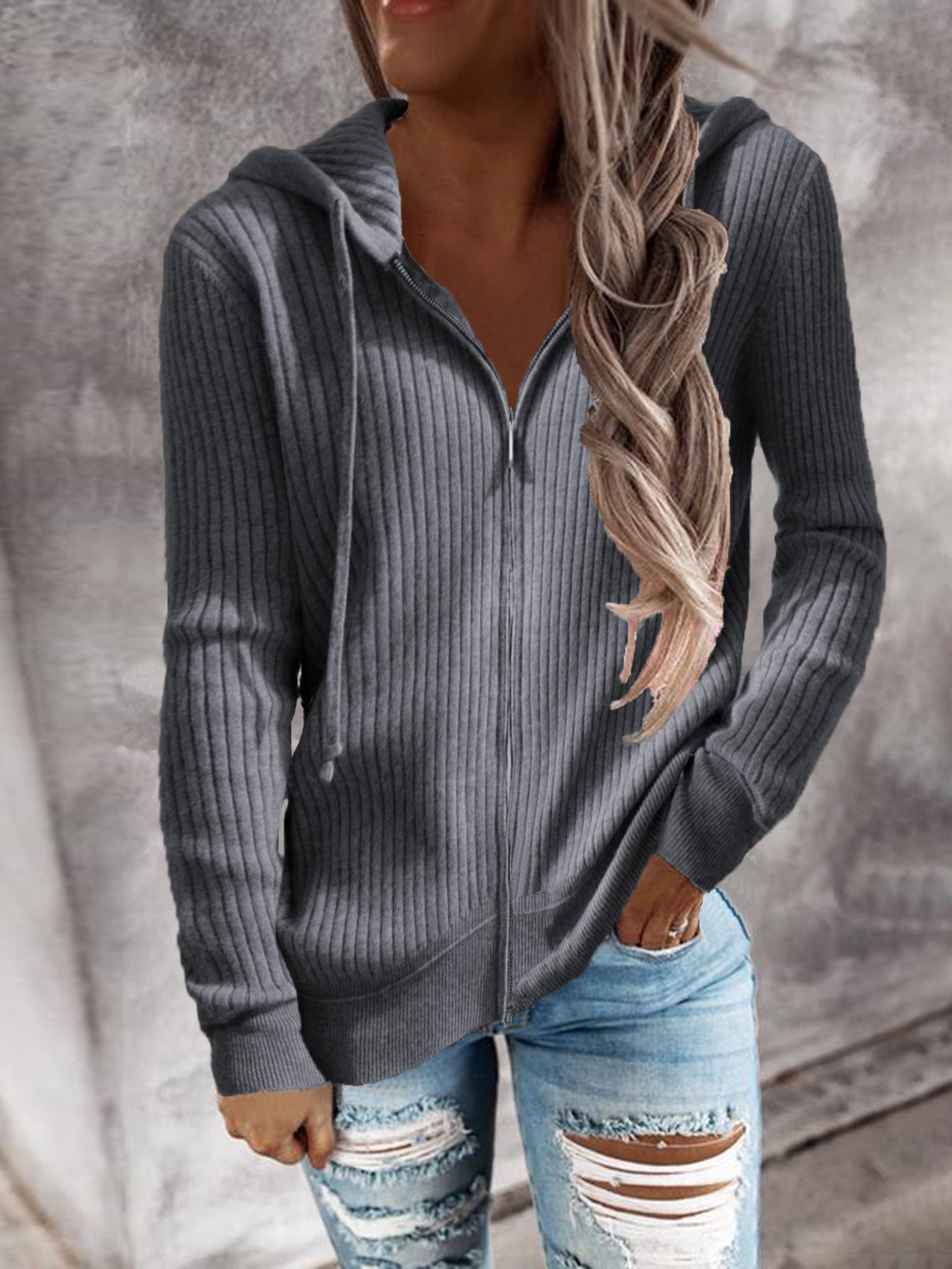 Street-Wave Womens Structured Knit Hoodie Jacket With Practical Pockets For Everyday Style