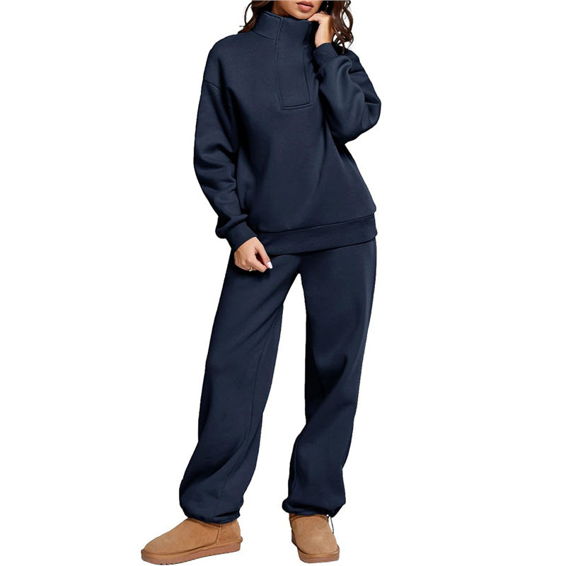 Street-wave Women's Cozy Leisure Set With Stand Collar And Wide Leg Pants For Relaxed Comfort