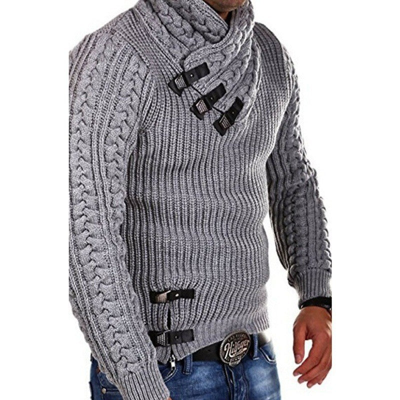 Street Wave Men's High Collar Cable Knit Sweater With Buckle Details For Warm Comfort And Style