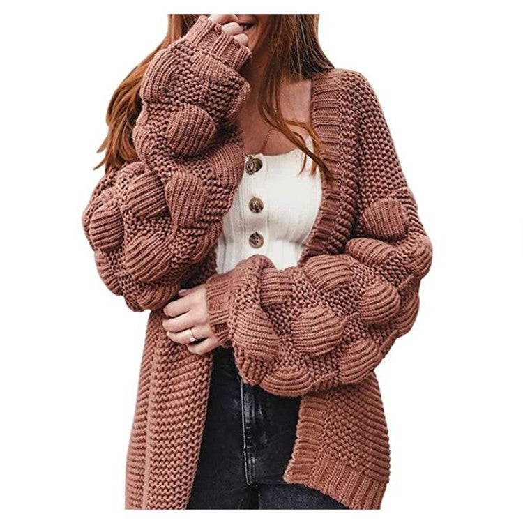 Street-wave Women's Chunky Knit Cardigan With Voluminous Sleeves For Cozy Everyday Style