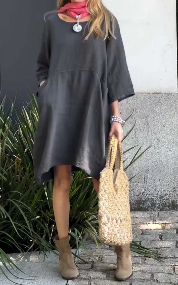 Street-Wave Womens Linen Dress With Pockets And Asymmetric Hem For Summer Style Essentials