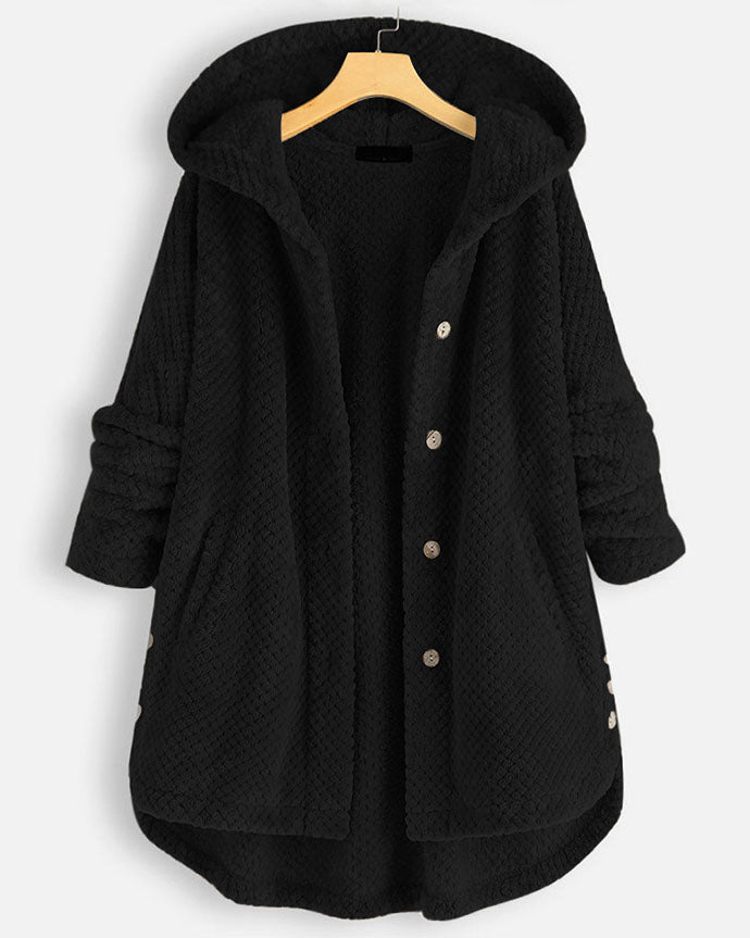 Street Wave Cozy Fleece Hooded Sweatshirt Jacket With Rounded Hem For Women Warm Comfort