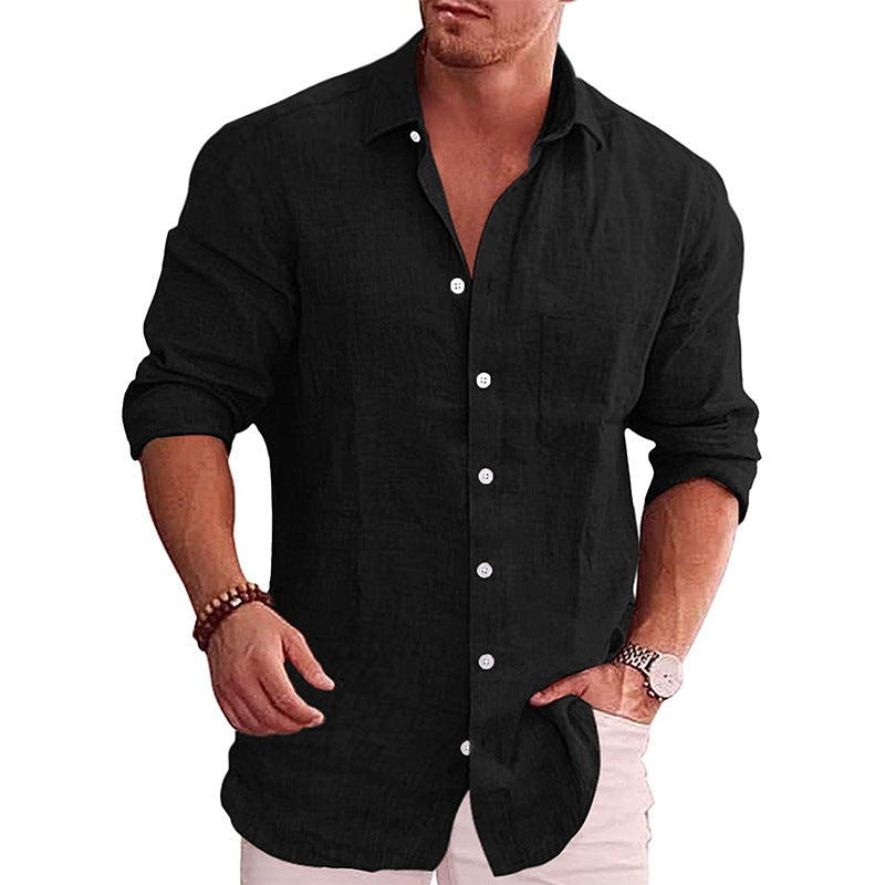 Street Wave Mens Linen Shirt With Chest Pocket Breathable Long Sleeve Relaxed Fit