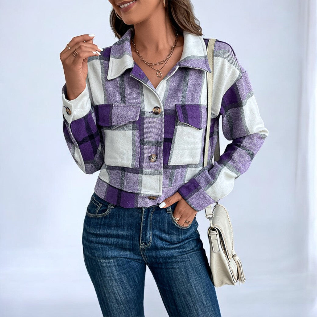 Street-wave Plaid Jacket For Women Cozy Durable Shacket With Button Front And Pocket Detail