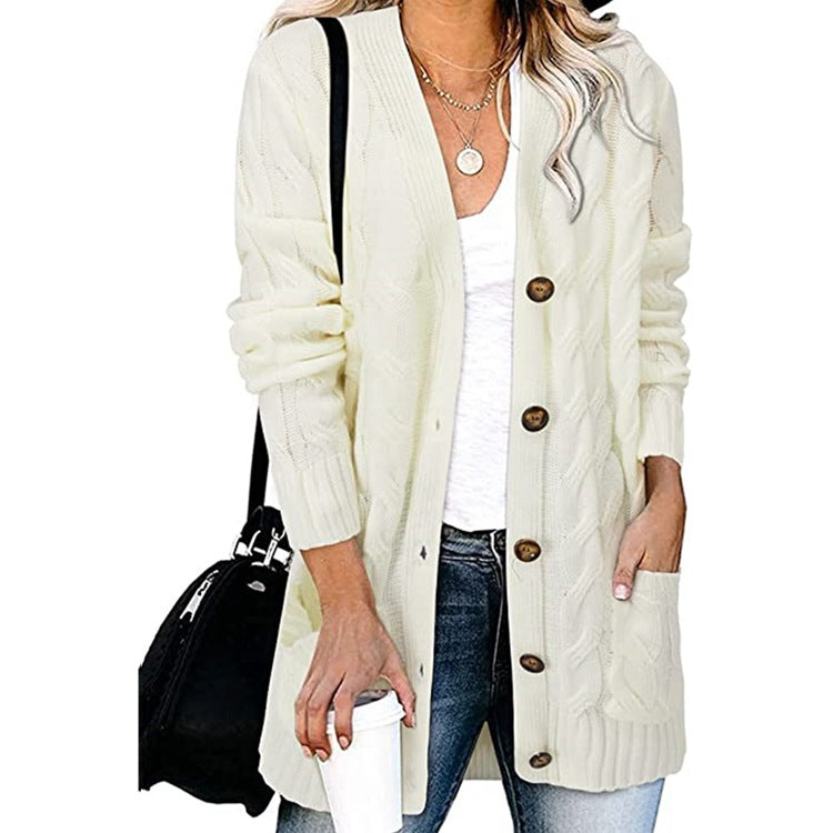 Street-wave Cable Knit Cardigan With Pockets For Women Cozy Soft Cotton Blend Chic All Season