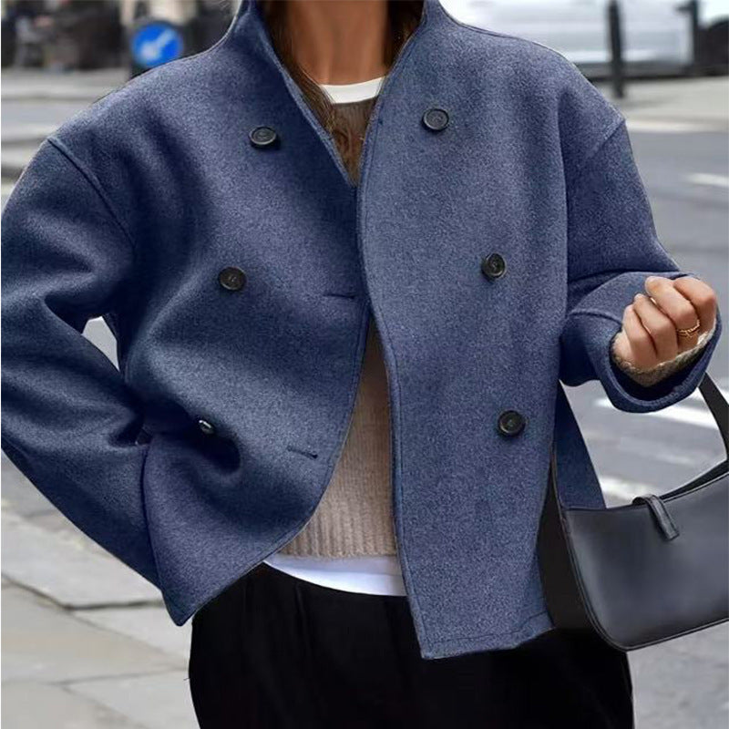Street Wave Womens Wool Jacket With Double Button Placket Loose Fit Premium Wool Blend
