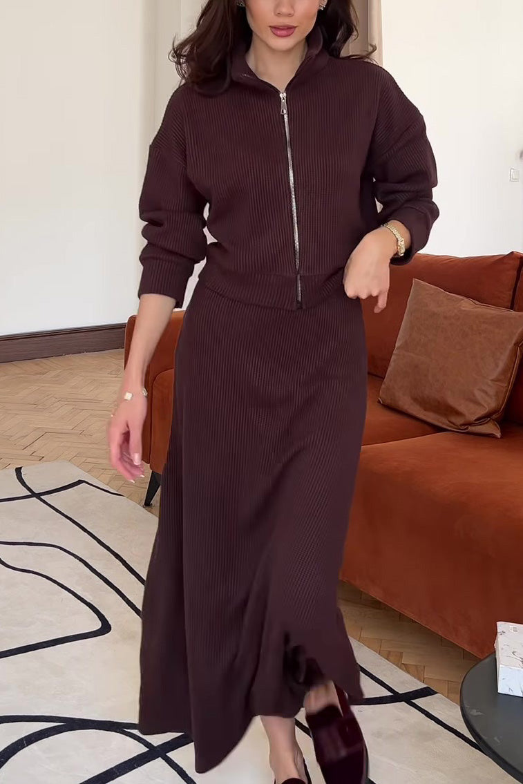 Street Wave Two Piece Knit Set For Women Zip Front Cardigan Maxi Skirt Cozy Layering Effortless Chic