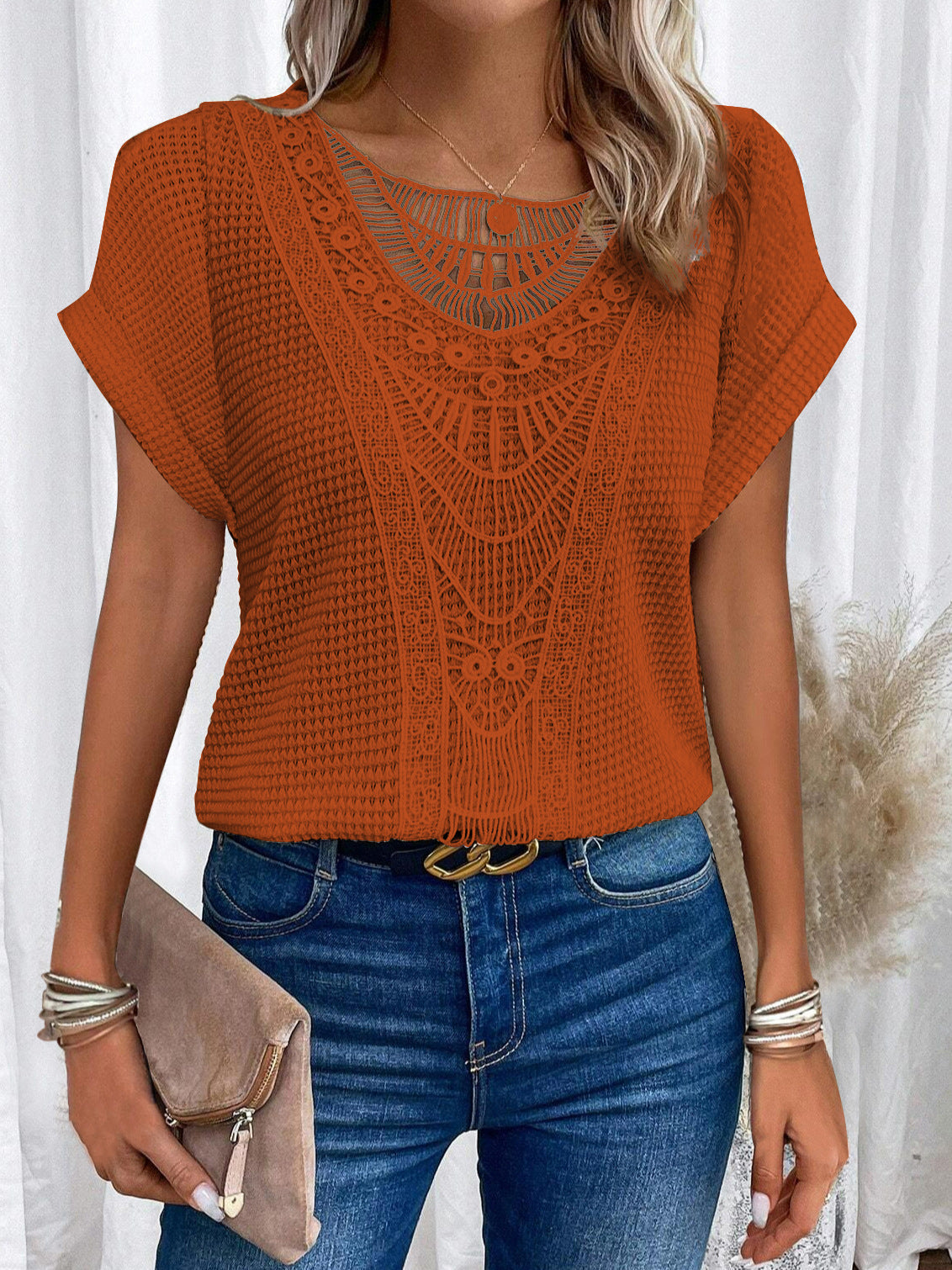 Womens Black Crochet Lace Top With Intricate Pattern And Relaxed Fit Street Wave