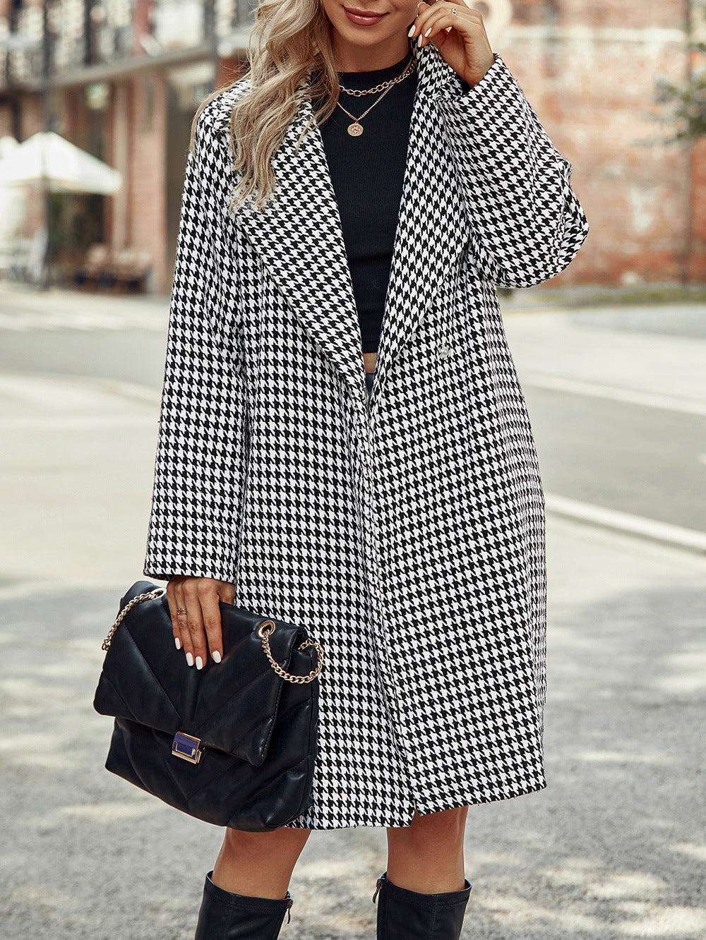 Street-Wave Long Wool Blend Coat With Houndstooth Notch Lapel Front Buttons Timeless Chic For Women