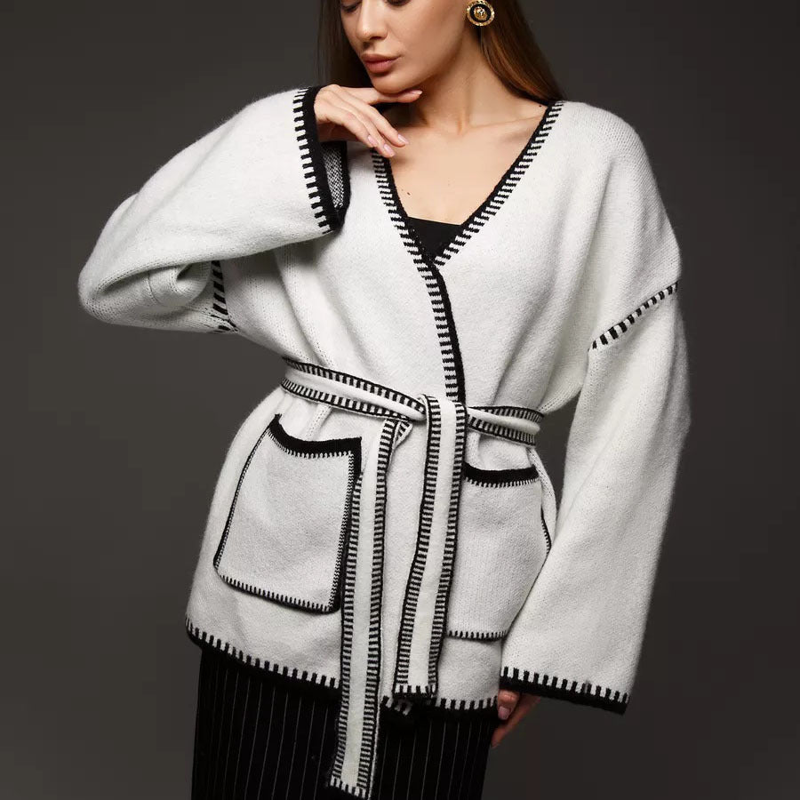 Street-wave Womens Cozy Knit Cardigan With Pockets And Waist Belt For Everyday Comfort