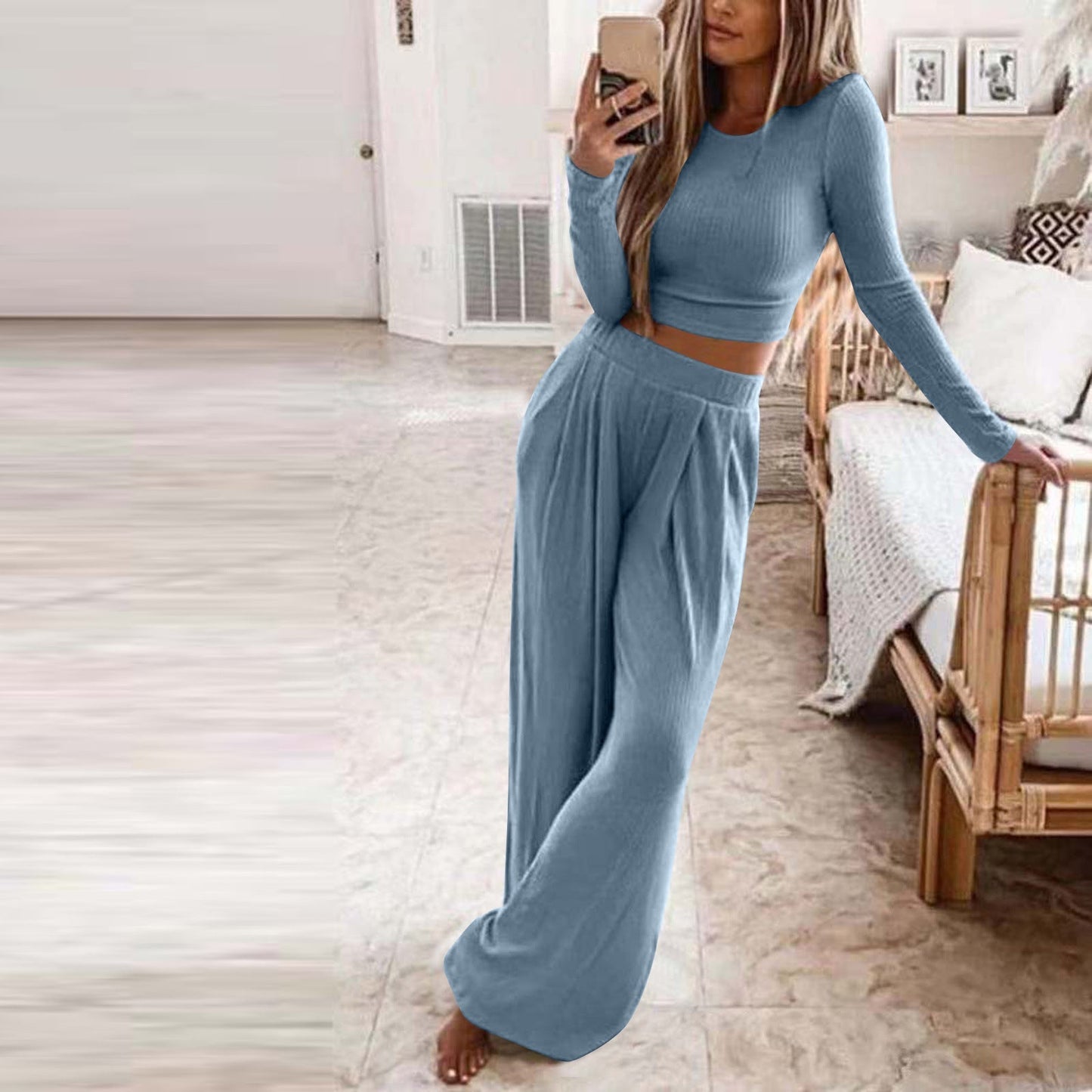 Streetwave Elegant Womens Comfortable Lounge Set With Long Sleeve Top And Wide Leg Pants For Women