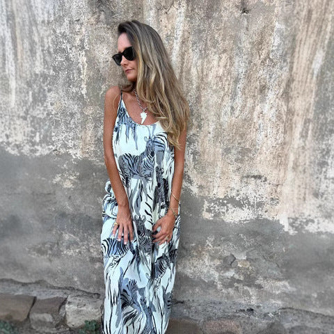 Street Wave Women's Maxi Dress Tiger Print Breathable Pockets Adjustable Straps