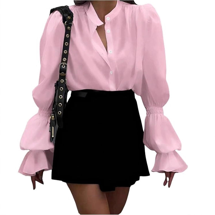 Streetwave Women's Puff Sleeve Blouse With Timeless Stand Collar Elegant Office Ready