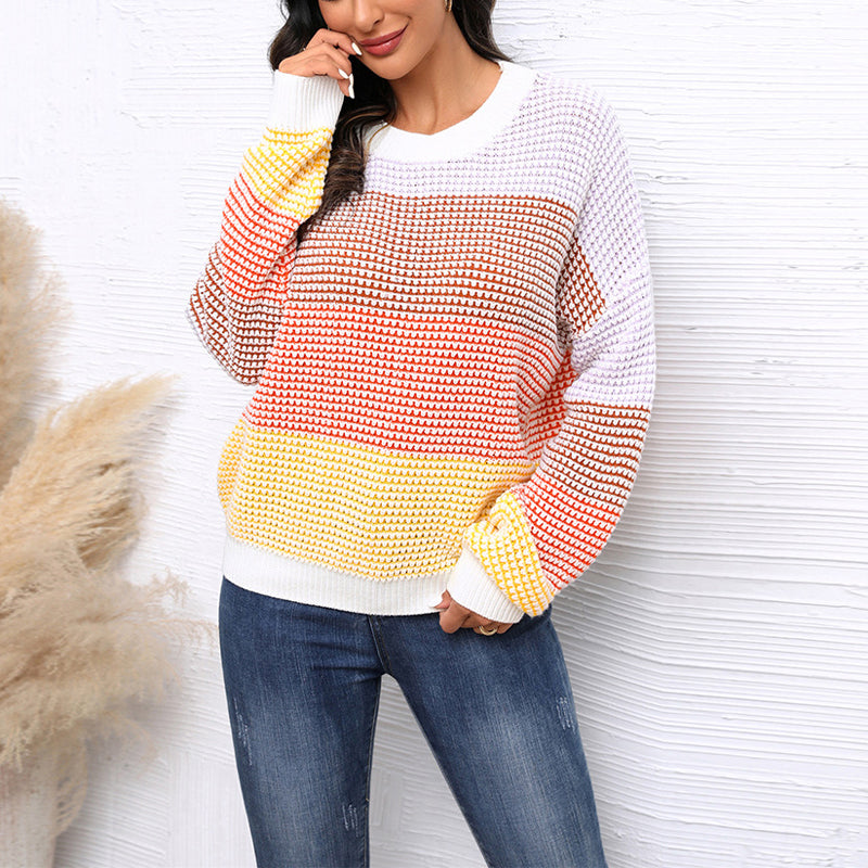 Street Wave Women Soft Acrylic Knit Sweater With Wide Stripe Pattern Cozy Colorful Pullover