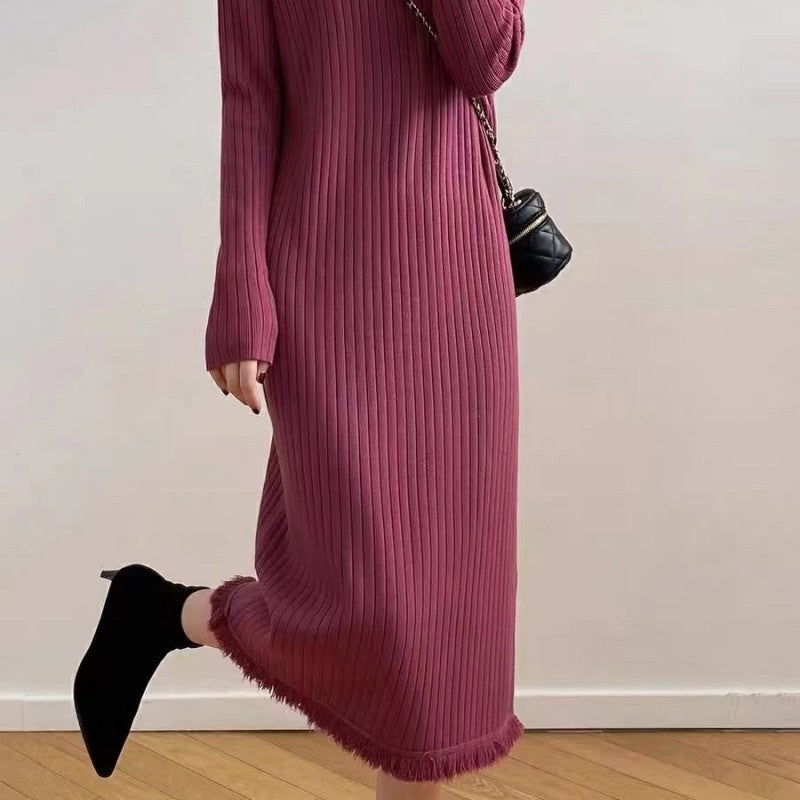 Street-Wave Women Knit Dress With High Collar And Ribbed Texture Cozy Elegant Winter Wear