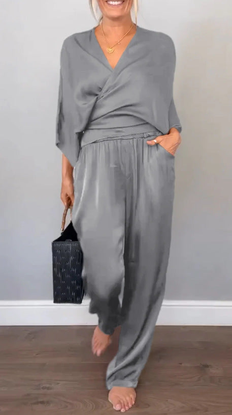 Street Wave Elegant Women Two Piece Satin Set For Office Or Evening Wear Versatile Chic Comfort