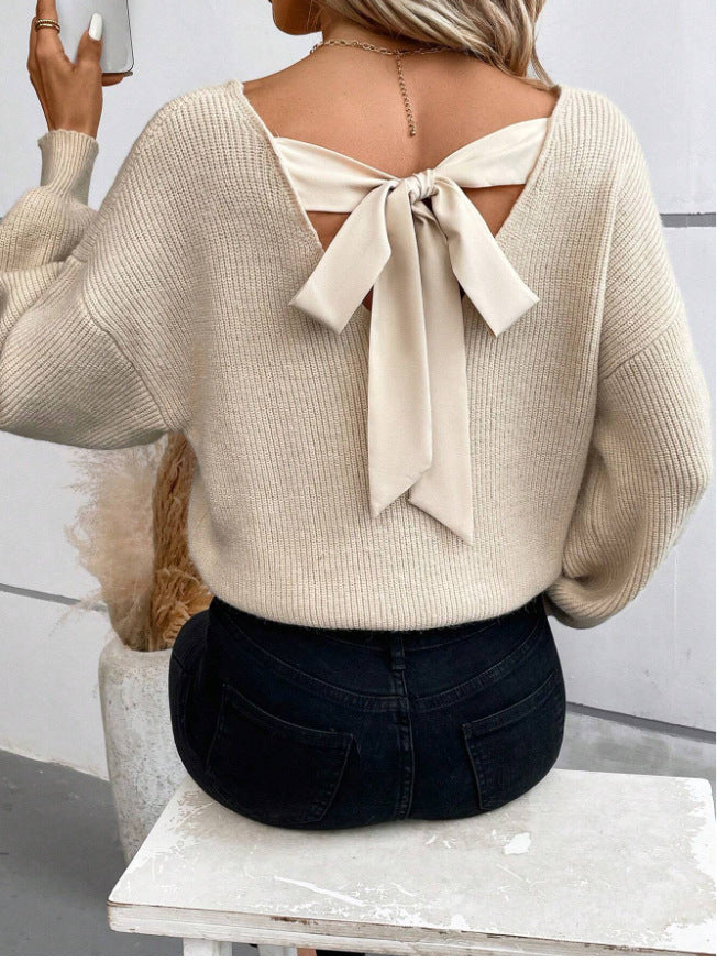 Street-wave Womens Bow Back Knit Sweater With Elegant Neckline Ideal For Chic Everyday Wear