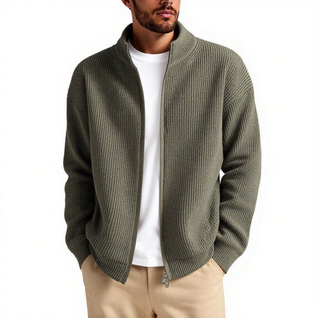 Men's Knit Cardigan With High Collar And Zip Front Street-Wave Premium Warmth For Modern Men