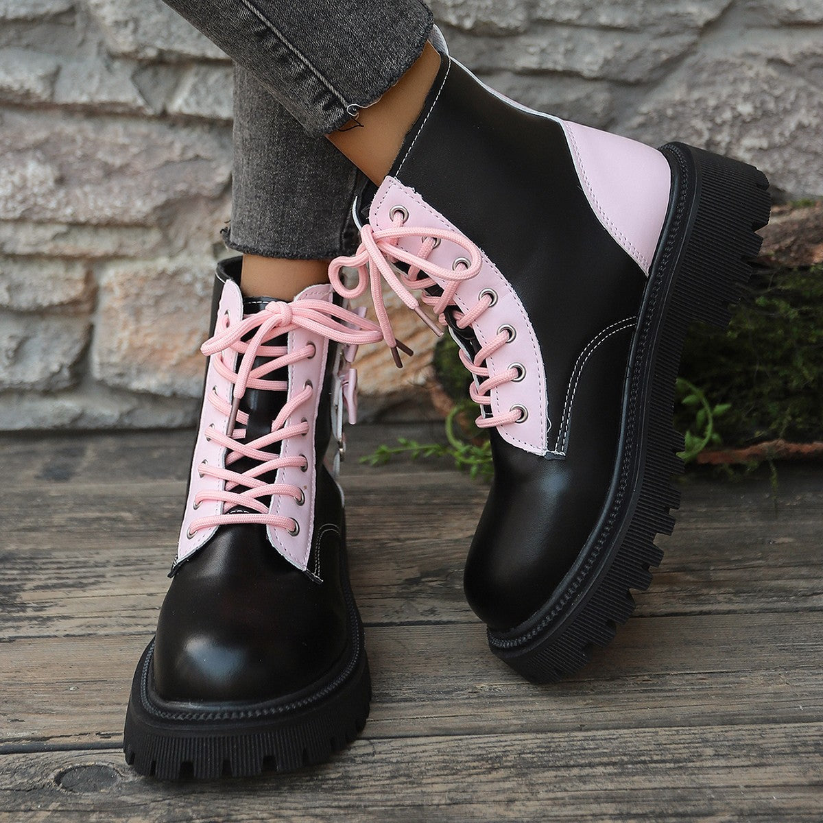 Street-Wave Womens Lined Combat Boots With High Shaft And Pink Accents For Winter