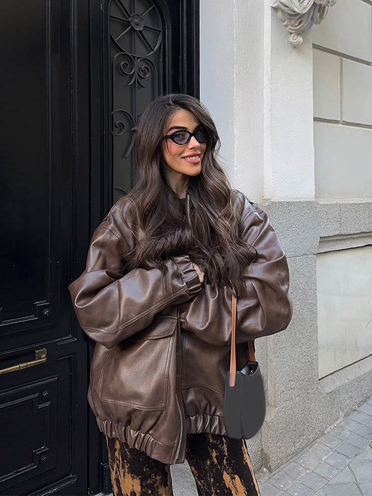 Street-wave Women Oversized Soft Faux Leather Jacket With Trendy Streetwear Fit For Urban Style