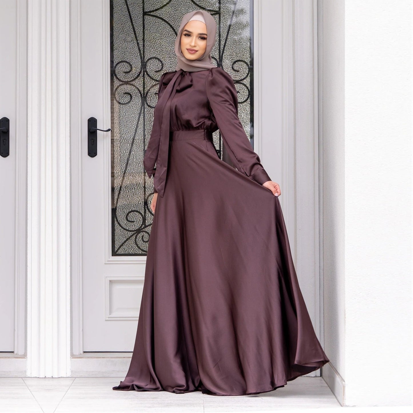Street-wave Women's Maxi Dress With Flowing Sleeves And Elegant Tie Belt For Formal Occasions