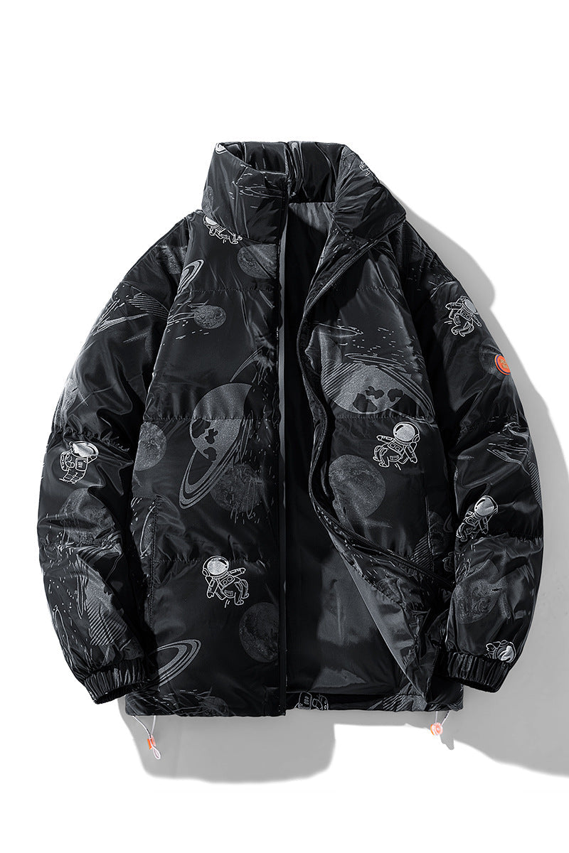 Women Futuristic Puffer Jacket Street Wave Astronaut Pattern Warm Insulated Lining