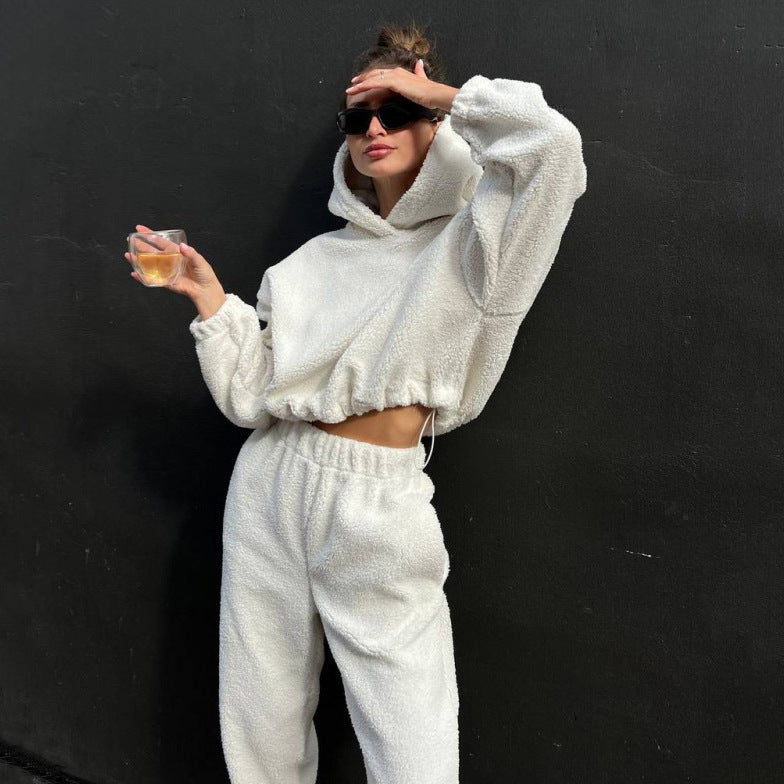 Street Wave Women Fleece Loungewear Set With Oversized Hoodie High Waist Pants