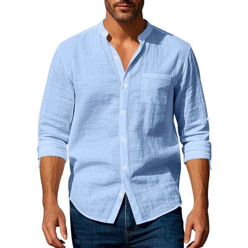 Street-Wave Men Linen Shirt With Mandarin Collar And Chest Pocket Breathable Everyday Comfort