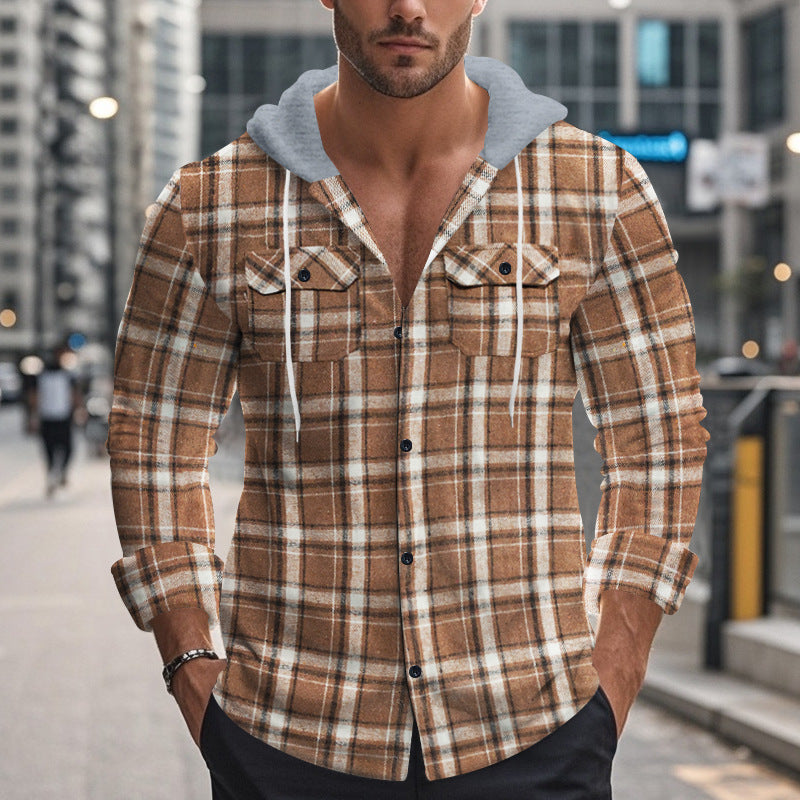 Street-wave Mens Plaid Shirt Jacket With Hood And Practical Pockets For Men Versatile Everyday Wear